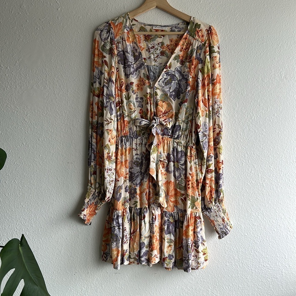 Kivari Aster Floral Orange Long Sleeve Mini Dress Sz. S - Picture 4 of 10